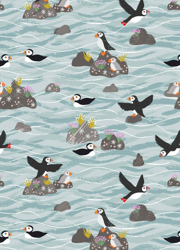quilters cotton, 100%cotton, puffins, puffin, puffin fabric, puffin design fabric, lewis and Irene, lewis and Irene fabric, fabric for sale