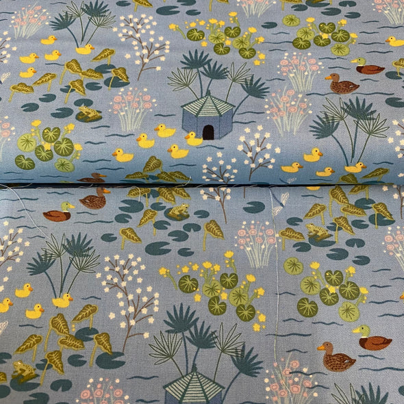 fabric for sale, cotton fabric, fabric by the meter, blue, cute ducks on pond, but fabric, buy cotton fabric, ducks on fabric, village pond fabric, lewis and Irene, the village pond