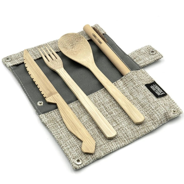 bamboo cutlery set, fabric wrap carrying pouch, knife ,fork ,spoon, straw,straw cleaner. jungle Culture, eco friendly products. plastic free, sustainable