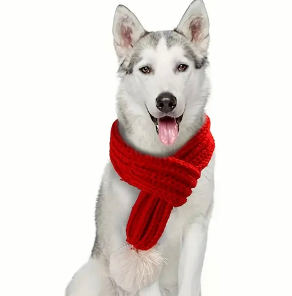 Red knitted Christmas scarf for dogs with pompom