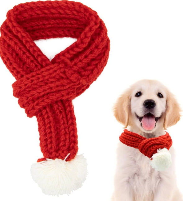 Red knitted Christmas scarf for dogs with pompom