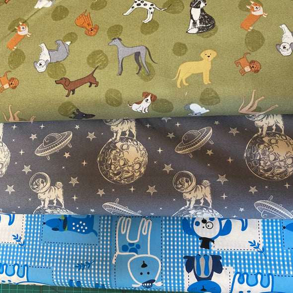 Three different dog design fabrics, dog design fabrics , fabric for sale, fabric by the meter, fat quarters, 