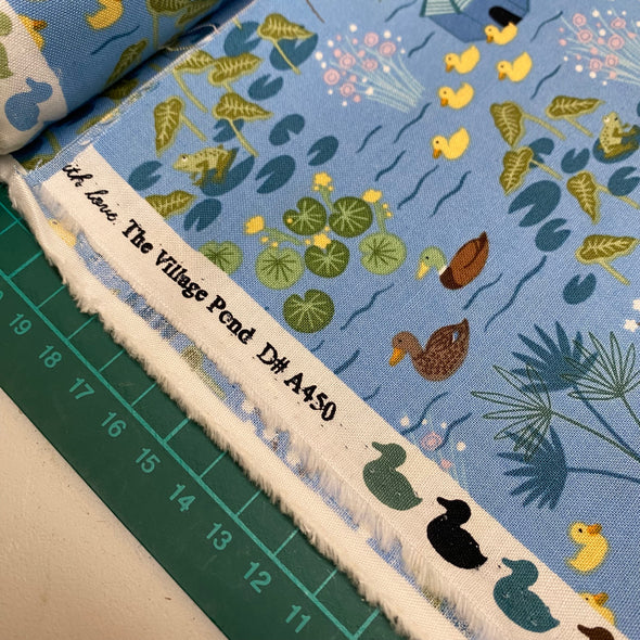 fabric for sale, cotton fabric, fabric by the meter, blue, cute ducks on pond, but fabric, buy cotton fabric, ducks on fabric, village pond fabric, lewis and Irene, the village pond