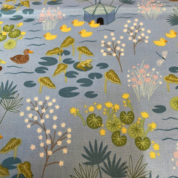 fabric for sale, cotton fabric, fabric by the meter, blue, cute ducks on pond, but fabric, buy cotton fabric, ducks on fabric, village pond fabric, lewis and Irene, the village pond