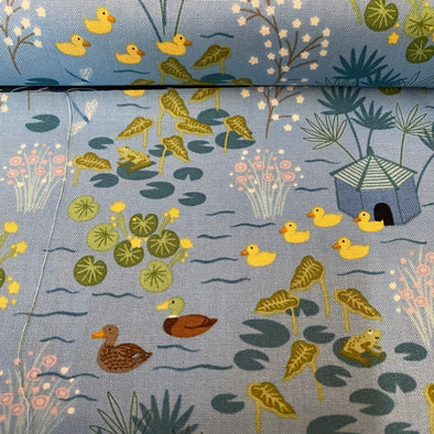 fabric for sale, cotton fabric, fabric by the meter, blue, cute ducks on pond, but fabric, buy cotton fabric, ducks on fabric, village pond fabric, lewis and Irene, the village pond