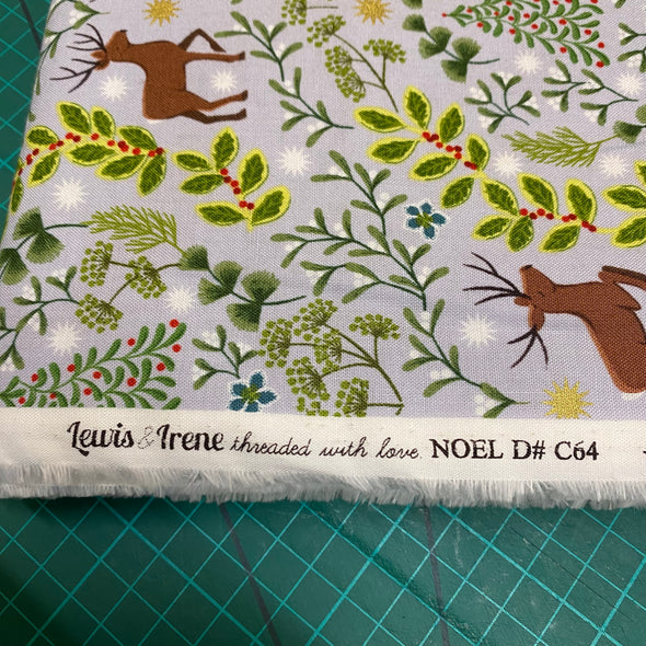 Christmas fabric light grey and metallic gold stars deer Holly mistletoe christmas tree fabric by the meter for crafts for gifts crafters lewis and irene fabric xmas 
