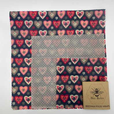 Beeswax wrap, beeswax food wrap, food wrap, plastic free wrap, Cornish produce, made in Cornwall, beeswax, bees, buy Cornish, made in Cornwall,natural food wrap, biodegradable, race to zero, sustainable, bee wrap, beeswax bag, bee retro, beeretro.co.uk, bee retro beeswax food wraps, valentines, hearts, gifts for her, love