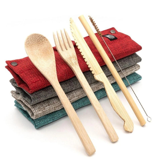 bamboo cutlery set, fabric wrap carrying pouch, knife ,fork ,spoon, straw,straw cleaner. jungle Culture, eco friendly products. plastic free, sustainable